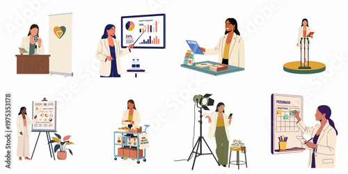 Professional Women Managing Public Relations, Health Initiatives, and Media Outreach in Various Business Settings and Corporate Communication Scenarios.