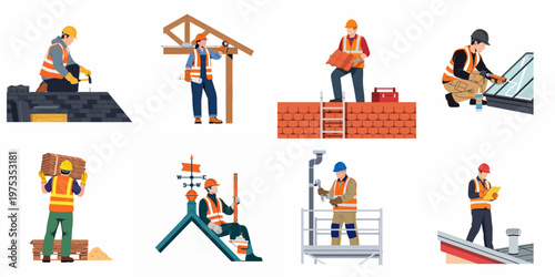 A collection of professional roofers and construction workers performing various installation and repair tasks on residential roofs in a flat vector style.