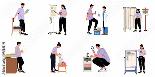 Collection of medical volunteers performing various tasks in a clinical setting including patient assistance, administration, and health monitoring.