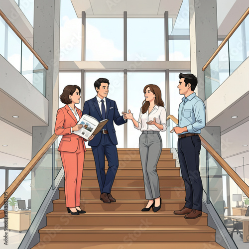 Business Team Discussing Portfolio on Modern Office Staircase Illustration