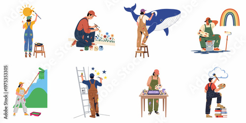 Collection of diverse creative artists and painters working on murals, street art, and unique illustrations using brushes and rollers in various settings.