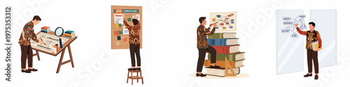 Set of illustrations showing an Indonesian educator in batik designing academic curriculum, mapping modules, and planning educational requirements on various platforms.