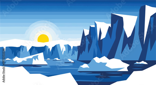 Stylized landscape with sun, icebergs, and mountains in a cool color palette