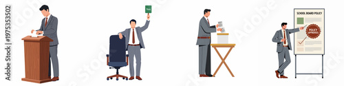 Businessman participating in school board policy approval process, including voting, holding a yes sign, and presenting the final approved policy document.