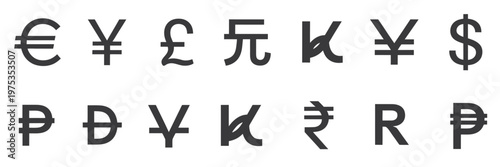 Collection of currency symbols arranged in two rows, featuring Euro, Yen, Pound, Yuan, Won, Dollar, Rupee, Ruble, Lira, Zloty, Koruna, Bitcoin, Naira, and Peso, presented as a clean 