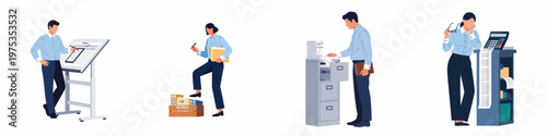 Set of diverse office professionals performing accounting, filing, and financial tasks in a flat vector illustration style on a white background.
