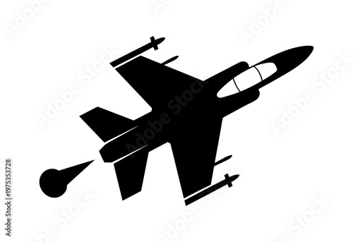 Vector silhouette of a fighter jet releasing a bomb in mid-flight