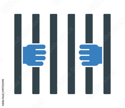 Blue hands holding onto black prison bars in a minimalist vector of a jail cell