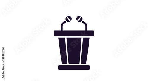 Silhouette of a dark blue speaker podium with two adjustable microphones used for public speaking and official press conferences.