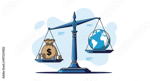 Traditional scales of justice perfectly balancing a heavy bag of money and a world globe represent global economic stability.
