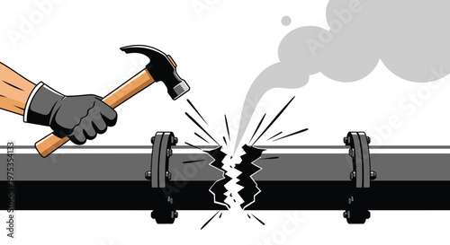 Strong hand wearing a protective glove hitting a metal pipe with a hammer causing a break and hot steam or gas to leak out.