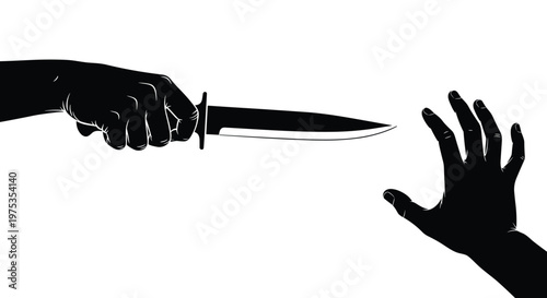 Silhouette of a hand holding a sharp knife threatening another human hand held up in a defensive or fearful gesture of protection.