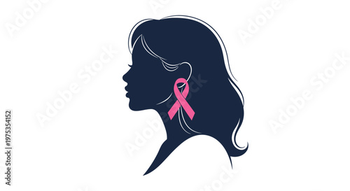 Silhouette of a woman's profile with a pink awareness ribbon representing breast cancer support and global health education.