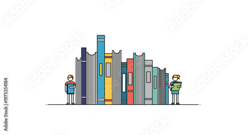 Large row of colorful books with two small student figures reading and holding books symbolize the vastness of human knowledge.
