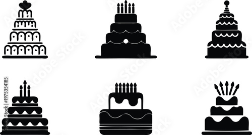 Collection of black silhouette birthday cake icons with candles