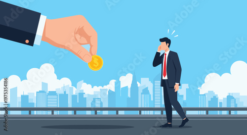 Giant hand dropping a gold dollar coin into the path of a small businessman walking in a modern city skyline setting at daytime.