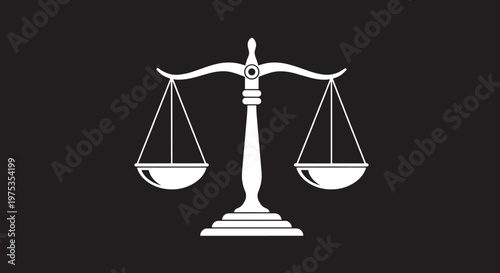 White scales of justice icon on a solid black background represent the law, legal systems, and judicial fairness in the court.