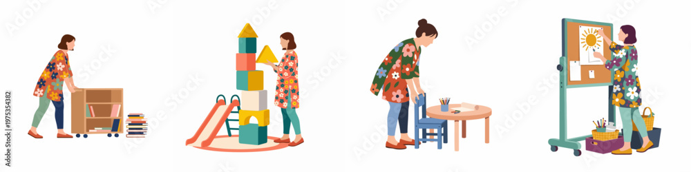 Obraz Collection of illustrations showing a kindergarten teacher organizing toys, books, and educational materials in a classroom setting.