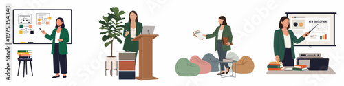 Canvastavla Set of illustrations showing a professional business woman in various work scenarios, including giving presentations, using a whiteboard, and standing at a podium