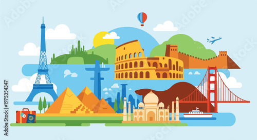 Travel illustration featuring iconic landmarks around the world