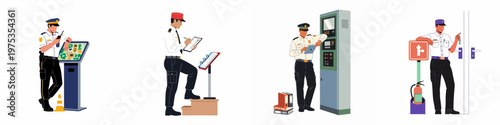 Collection of Professional Security Guard Illustrations Showing Personnel Performing Various Duties Like Monitoring, Checking, and Managing Safety Equipment