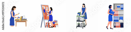 Set of illustrations showing a woman in a blue dress managing administrative tasks in a university or office setting, from organizing files to cataloging.