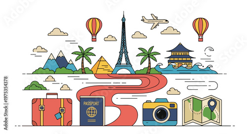 Travel illustration featuring landmarks, luggage, and a camera