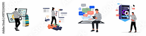 Flat vector illustrations depicting various IT professionals working on web development, server maintenance, system configuration, and software engineering tasks.