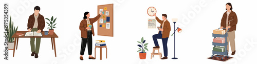 Flat vector illustration set of office professionals performing tasks like scheduling, filing, planning, and time management in a productive workspace.