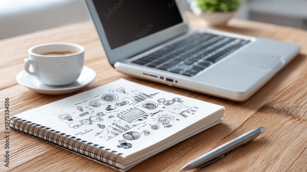 Obraz premium Cozy workspace featuring laptop, coffee cup, and notepad with creative sketches on wooden desk in modern home office environment