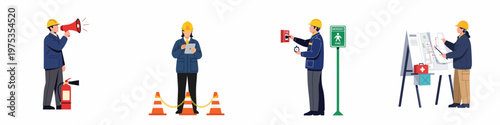 Workplace Safety and Emergency Preparedness Training Illustrations showing Fire Safety, Evacuation Planning, and Hazard Control Procedures.