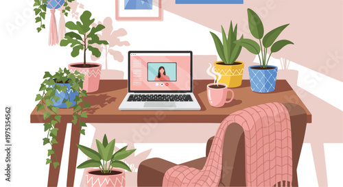 Cozy Home Office Workspace Illustration with Laptop Video Call and Urban Jungle Houseplants