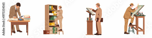 Set of vintage researchers and archivists working on documentation and data collection in a flat vector style.