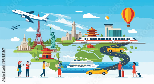 Travel illustration featuring landmarks, vehicles, and tourists