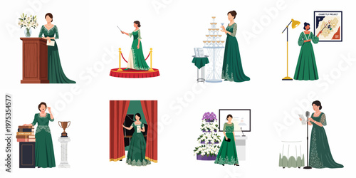 Flat Vector Illustration Set of an Elegant Woman in a Green Gown Participating in Various Formal Events, Galas, and Charity Functions