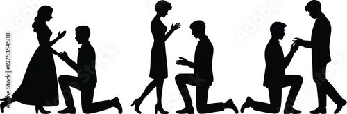 Set of black silhouettes showing romantic marriage and engagement proposal scenes with men and women on one knee for wedding invitation and graphic design projects.
