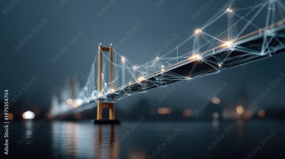 Obraz premium Digital connectivity and technology concept illustrated by a futuristic bridge within a serene waterfront landscape illuminated at night