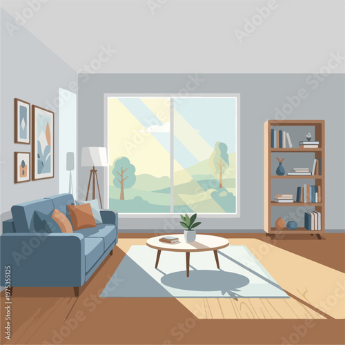 A brightly lit interior space with a sofa, bookcase, and large window