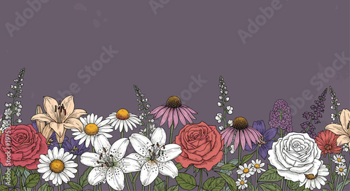 Summer garden flower border with roses, lilies, and daisies on a dark background for botanical invitations, greeting cards, and floral art.
