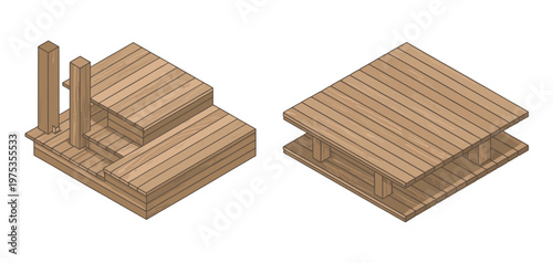 Cross-laminated timber (CLT) engineered wood colorful isometric icon representing laminated wood layers in a compact 3D structure, designed in a clear and professional vector style 
