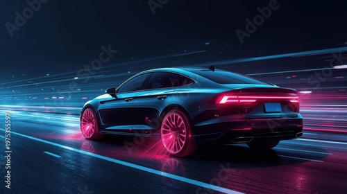 AI car futuristic sedan with sensor detection waves with copy space ambient lighting smart road system background
