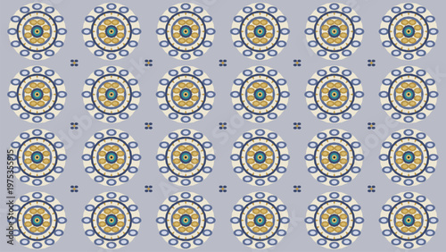 Seamless pattern with intricate blue, gold, beige, and teal circular motifs on a soft gray background, perfect for bohemian textile designs, vintage-inspired wallpapers, elegant fabric