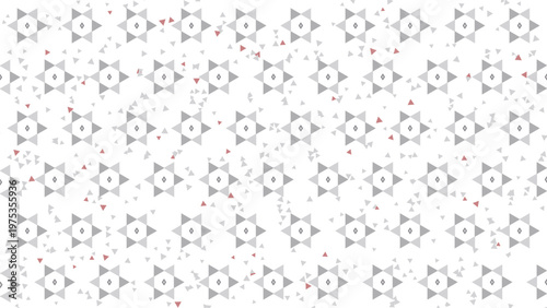 Seamless geometric pattern with abstract grey and white hexagonal stars, scattered triangles, and subtle red accents, creating a modern, clean digital background, ideal for contemporary