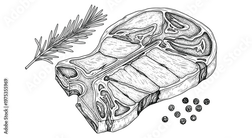 Raw t-bone steak with rosemary sprig and peppercorns hand-drawn sketch for butcher shop menus, restaurant advertising, and meat cookery art.