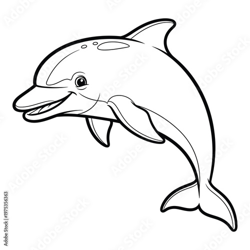 Black and white illustration of a smiling dolphin jumping out of water sideways icon