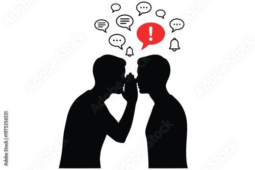 Whispering, gossip, secret sharing, communication icons, black silhouettes, speech bubbles