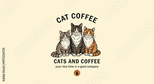 Cat coffee shop logo featuring three cute cats and vintage typography for pet cafe branding, coffee house identity, and animal lover designs.