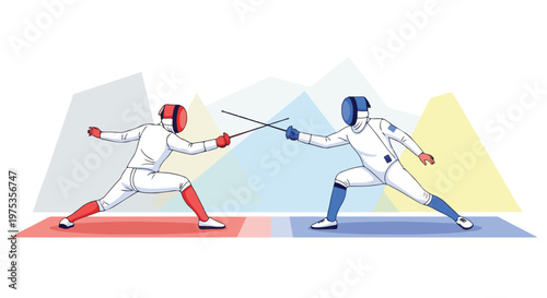 Two figures, clad in white, engage in fencing, their swords crossed