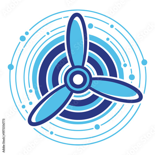 Blue propeller icon with circular design and dots on white background icon