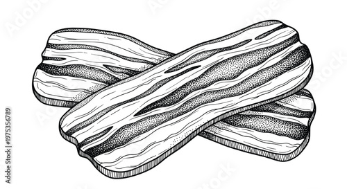 Two strips of fried bacon hand-drawn sketch illustration for breakfast menu designs, fast food advertising, and culinary meat-themed art projects.